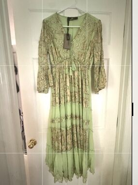Elegant Maxi Dress in Sage Green with Tassel Details